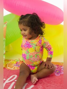 RuffleButts Neon Squeeze the Day Long Sleeve Rash-guard Swimsuit 2T